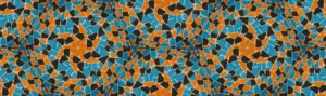 Hero banner image shows a kaleidoscope pattern of blue, black and orange mosaic tiles