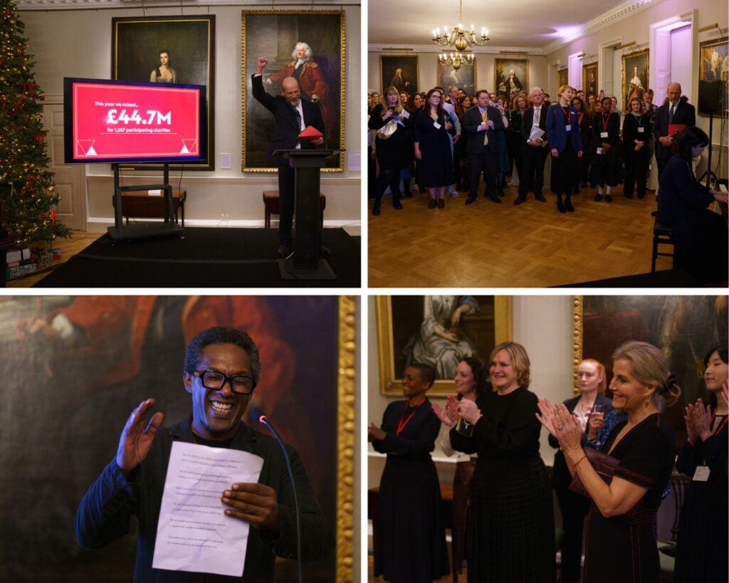 Pictured (left to right): Big Give Chair James Reed CBE, Christmas event guests, Lemn Sissay - Foundling Museum Trustee, HRH Duchess of Edinburgh, Adjoa Andoh and guests clapping.