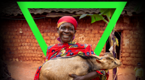 A smiling woman holds a goat in her arms