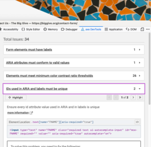 Axe Firefox extension showing a duplicate form input ID error